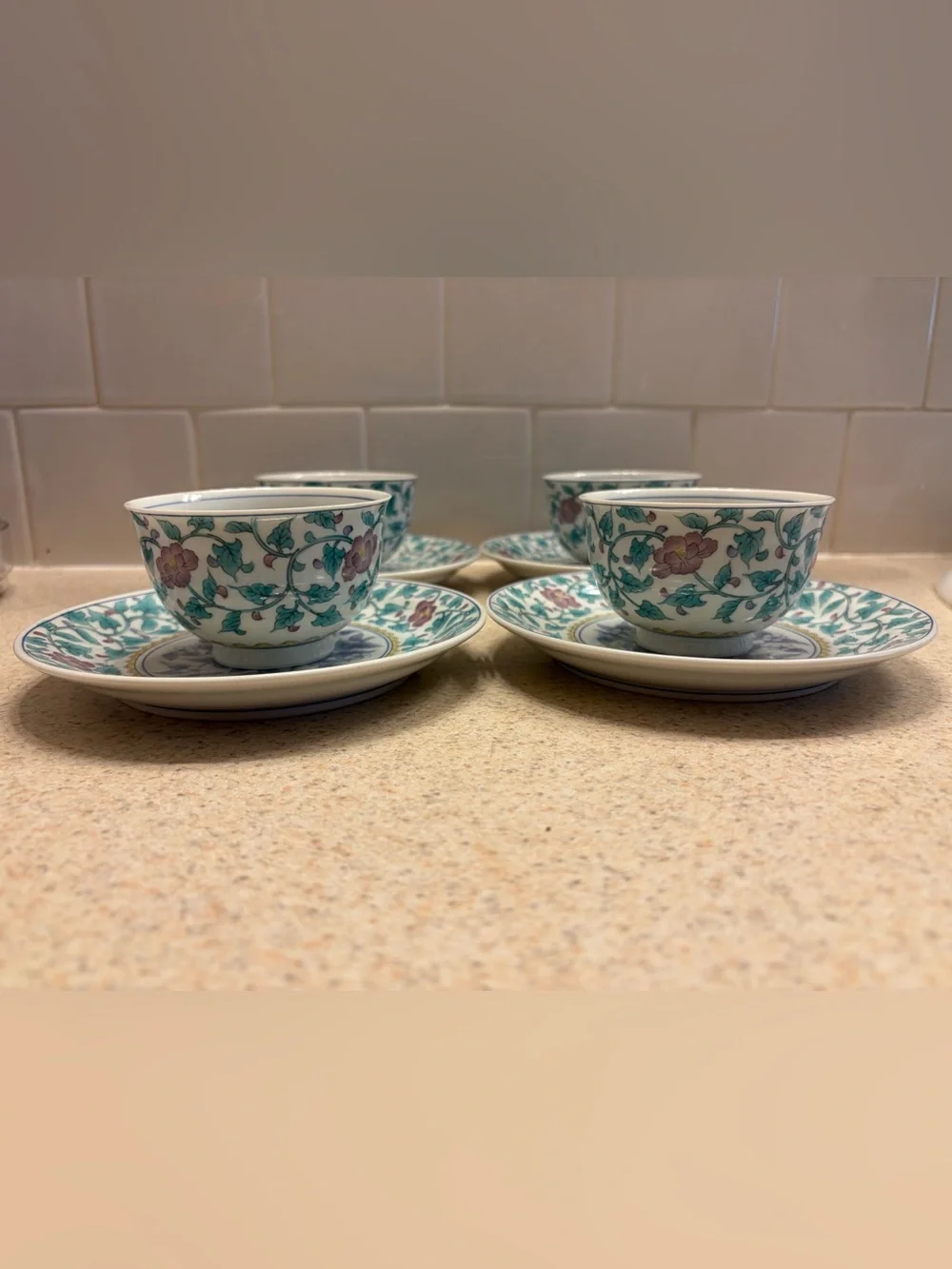 Vintage Arita Floral Porcelain Tea Cup and Saucer Set - Green and Pink